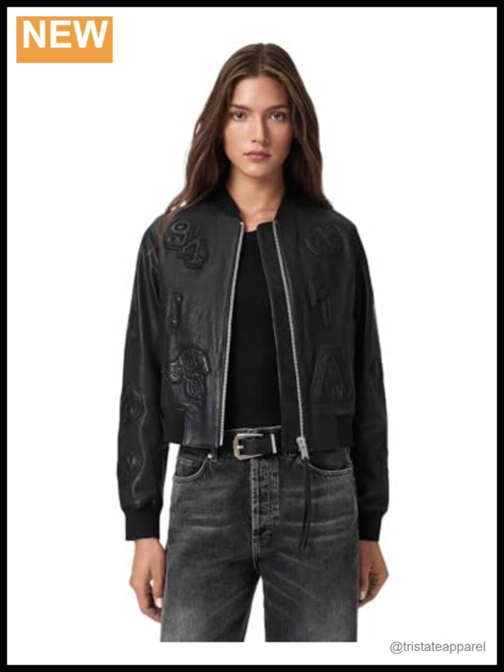 AllSaints Leather Bomber Jacket Womens 100% SheepLeather Zip Up